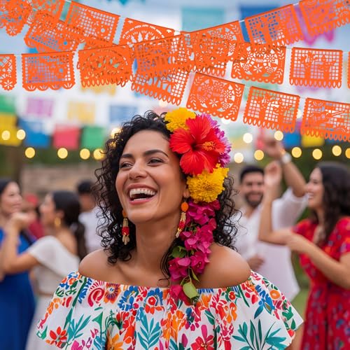 Image of VitalCozy 4 Pack 59 ft Mexican Papel Picado Banner Plastic Mexican Talavera Party Fiesta Banner Wedding Hanging Decorations for Cinco De Mayo Cielito Lindo Party Supplies(Orange)