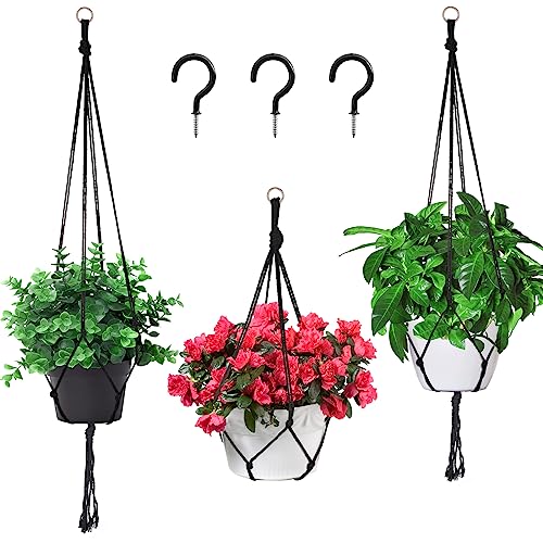 Macrame Plant Hanger - 3 Pack Indoor Hanging Planter with 3 Hooks, Handwoven Cotton Rope Hanging Plant Holder, Hanging Planter Basket with Different Sizes for Indoor Outdoor Boho Home Decor (Black)