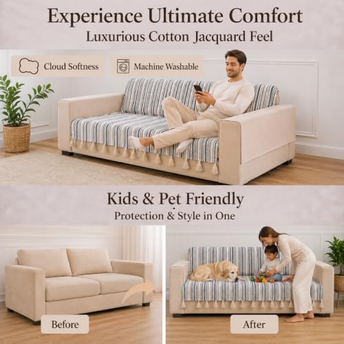 Image of STITCHNEST 'Nomad Weave Collection' 2 Seater Sofa Cover - Full Coverage| Elegant Jacquard Fabric, Decorative Tassels, Washable & Durable for Modern Living9