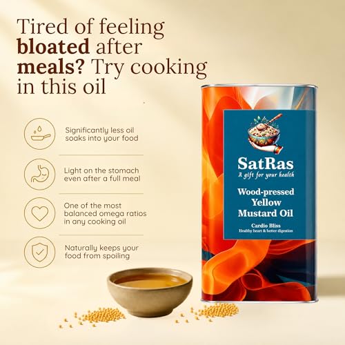 Image of SatRas Wood Pressed Yellow Mustard Oil 5 Ltr | Cold Pressed Kachi Ghani Sarso Oil | Wooden Kolhu Extracted Sarson Tel | Rich in Omega 3, 6 & Vitamin E, Unrefined, Chemical Free, Pure Indian Edible Oil
