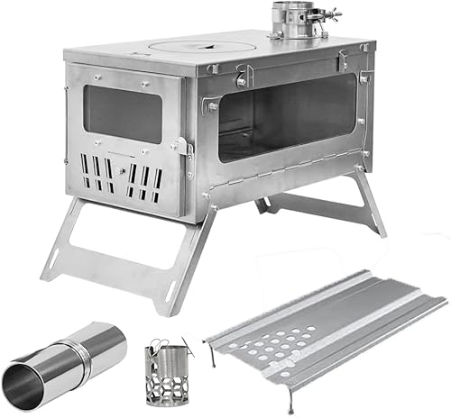 MC Estufa de tienda de campaña de titanio de 15 pulgadas, estufa de leña, plegable, portátil, para camping, caza, tubos de 9.84 pies incluidos