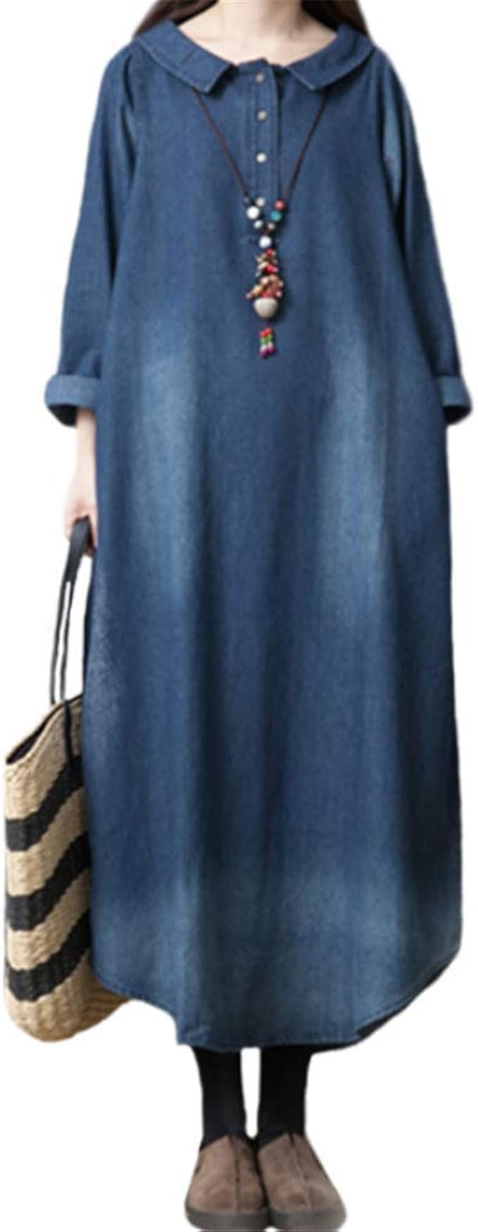 Amazon Co Jp シャツワンピース 長袖 レディース デニムワンピース マキシ丈 Aラインワンピース 無地 ロングワンピース 春 秋 オーバーオール 大きいサイズ 体型カバー 森ガール 通勤 カジュアル 服 ファッション小物