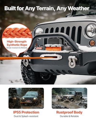 Bild 3 - VEVOR 12v Seilwinde 13500lbs/6123kg Motorwinde 12V DC Elektrowinde mit Φ1x2438,4cm Synthetikseil Alu-Seilführung kabellose/kabelgebundene Fernbedienung IP55 zum Schleppen von Geländewagen Jeeps Booten