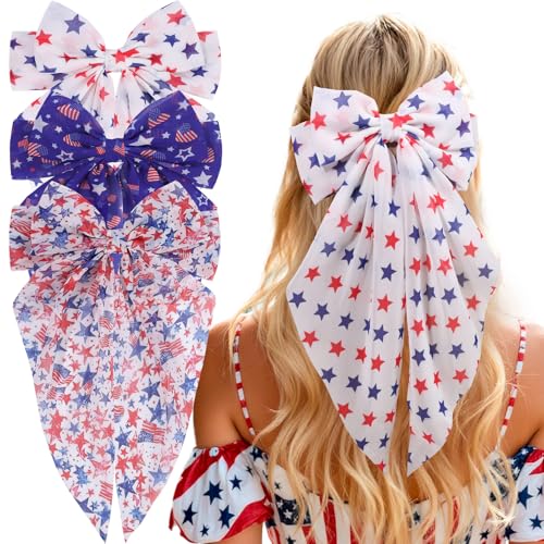 TOKUFAGU 4th of July American Flag Hair Bows for Women 3PCS Big Ribbon Bow Hair Clips for Girls Patriotic Long Tail Accessories for Girls