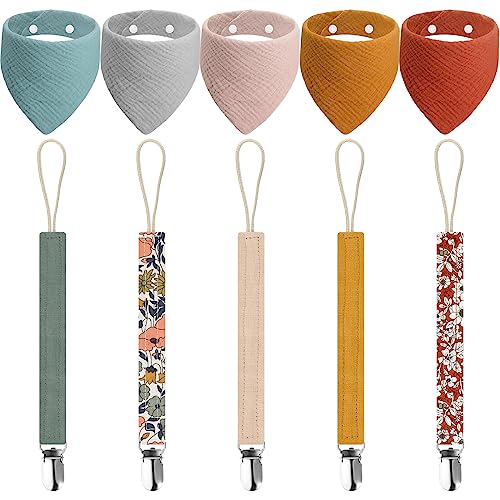 Image of Kinlop 5 Pcs Muslin Baby Bibs Cotton Baby Bandana Drool Bibs with 5 Pcs Pacifier Clip Floral Linen Pacifier Strap with Clip, Muslin Bandana Bibs Cloth Pacifier Holder for Boy Girl Teething Newborn