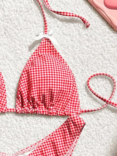 GORGLITTER Women's Gingham Bikini Set Bow High Cut Thong Halter Triangle Top Cheeky Cute 2025 Swimsuit Bathing Suit3