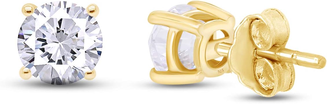 Birthstone Stud Earrings for Women, 4mm Round Simulated Gemstone Studs in 14K Gold Plated 925 Sterling Silver Push Back Earrings, Jewelry Gift for Her (0.5 Ct)