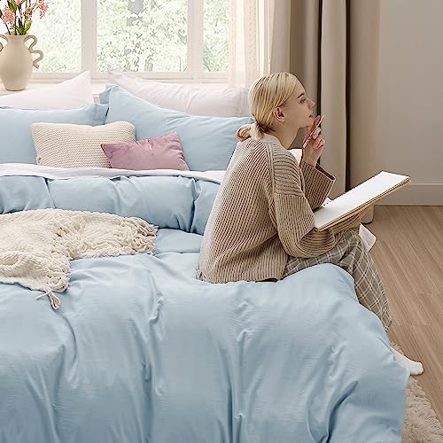 Image of Bedsure Sky Blue Duvet Cover Queen Size - 3 Pieces Prewashed Cotton-Like Polyester Extra Soft Bedding Set, Includes 1 Duvet Cover 90x90 Inches with Zipper Closure & 2 Pillow Shams, No Comforter