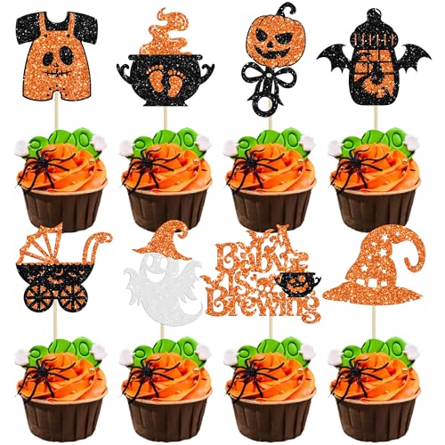Cupcake Halloween A Baby Is Brewing décoration gâteau de grossesse sorcière orange