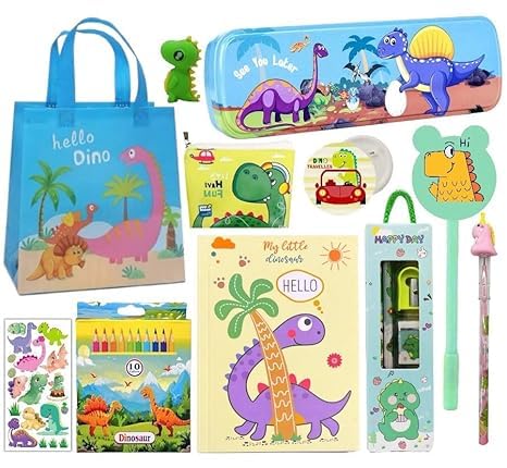 GLITREEPROPS Dinosaur Theme Stationery Gift Set, 11 Pieces School Supplies with Bag, Diary, Pencil Box, Stickers, Art Supplies for Kids 6-12 Years I best birthday party return gift combo-image-9