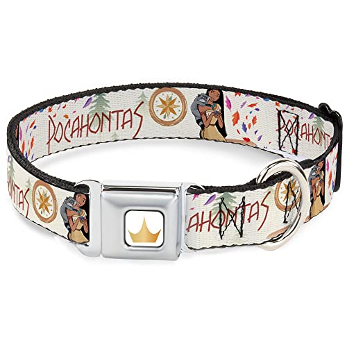 Dog Collar Seatbelt Buckle Pocahontas and Meeko Compass Pose with Script and Leaves Beige 16 to 23 Inches 1.5 Inch Wide