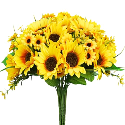 Woltoy 5 Bunches Artificial Sunflower Bouquets, Realistic Artificial Flowers Silk Sunflower for Vase, Outdoor Indoor Home Décor, Weddings, Party Decoration