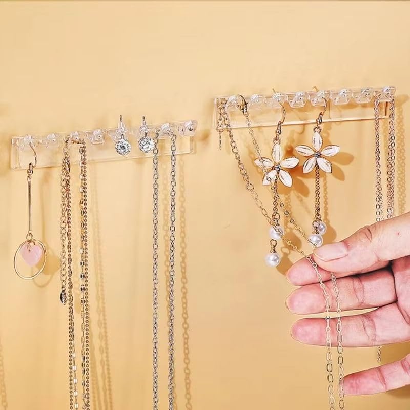 VIVITO Wall Mounted Jewelry Organizer | Transparent Acrylic Necklace Holder with 42 Anti-Tangle Hooks | No-Drill Self-Adhesive Storage Rack for Earrings, Bracelets & Rings [Pack of 3]-image-5
