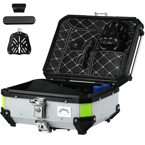 【25L】GURBLOFY バイクボックス トップケース アルミ製 防盜ロック 防水 防塵 シルバー 取り付けベース付属 バッククッション付き 簡単取り付け コンパクト GBTC-25S-JP