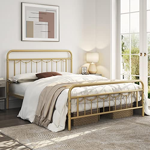 Yaheetech Queen Size Metal Bed Frame With Vintage Headboard And Footboard, Farmhouse Metal Platform Bed, Heavy Duty Steel Slat Support, Ample Under-Bed Storage, No Box Spring Needed, Antique Gold #TOP3
