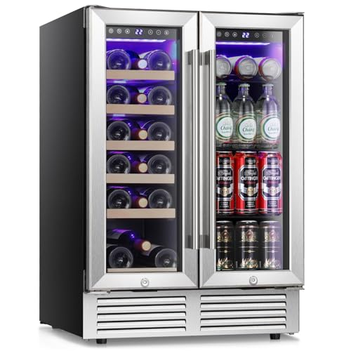 Image of Antarctic Star 24 Inch Dual Zone Wine and Beverage Refrigerator, Built-in or Freestanding Mini Fridge with Clear Glass Door & LED Light, for Beer, Soda, and Wine