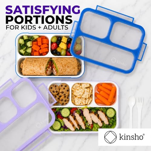 Image of Bento Lunch Box for Kids or Adults, Snack Containers for Boys, Girls, School Daycare Work, 3 & 4 Divided Compartments Meal Planning Portion Control, BPA-Free Boxes, Utensils | Blue Purple 2 Pack