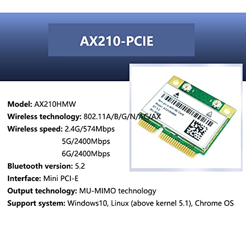 Carte WiFi 6E AX210 PCIe Mini - Bluetooth 5.2 - Tri-band 5374Mbps - Compatible Linux, Chrome OS