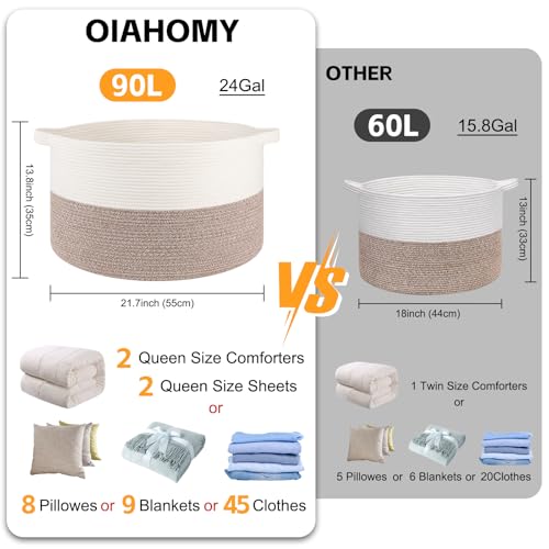 Image of OIAHOMY 90L XXXLarge Blanket Basket for Living Room, 21.7 inch x 13.8 inch Woven Cotton Rope Laundry Basket for Organizing Pillows, Decorative Stuffed Animal Toy Storage for Nursery, White and Linen Brown