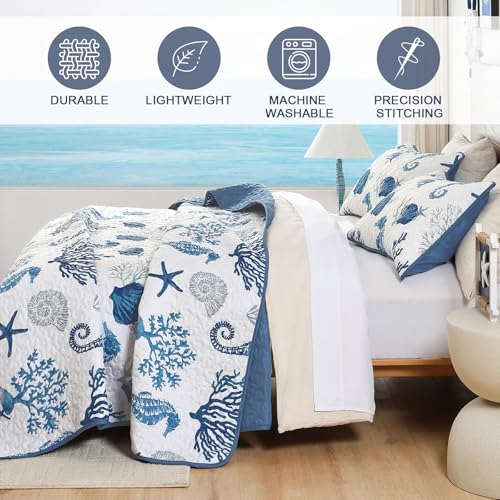 Djoymock Coastal Quilt Set Queen Size 3 Pcs, Summer Blue Beach Theme Quilts with Pillowcases Reversible Microfiber Ocean Bedding Set Nautical Bedspreads Coverlet Lightweight Comforter for All Season - Image 4