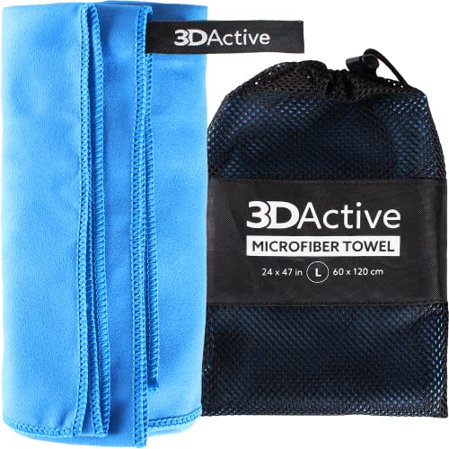 3DActive Toalla de Microfibra para Gimnasio, Deportes y Viajes. Ultra Absorbente, Compacto con Bolsa de Transporte, Entrenamientos, Playa y Aire Libre - Grande 24" x 47" - Azul
