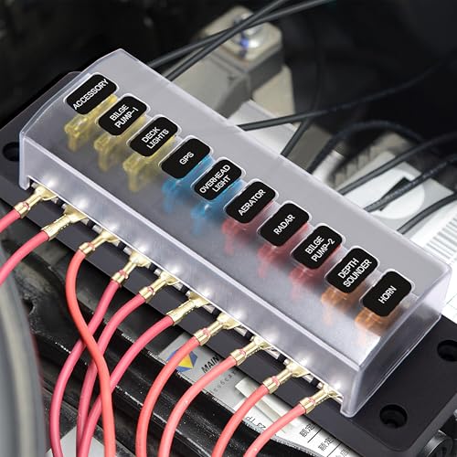 GUNGY KFZ Sicherungshalter 12 Volt Sicherungskasten 10 Fach Sicherungshalter Flachsicherung mit 24Pcs Sicherungen und Etiketten für Auto Boot Wohnmobil