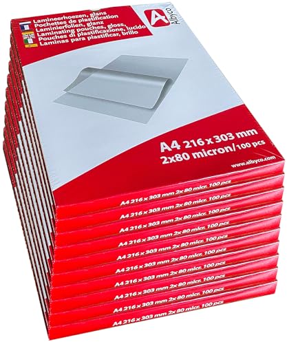 Pochette de Plastification Albyco A4 | Feuille de Plastification | Brillante | Par 10 Paquets de 100 Pièces | Épaisseur 2x80 | (160) Microns