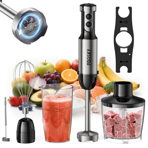 Immersion Blender, PRASKY 1200W 20 Speeds Electric Handheld Portable Stick Mixer, 5-in-1 Hand Blender Stainless Steel with Turbo Mode,Chopper, Whisk, Milk Frother for Soup, Smoothies,Puree, Baby Food image 2
