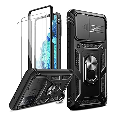 LeYi for Samsung Galaxy S20 FE Case with Slide Camera Cover and 2 Tempered Glass Screen Protector,Ring Holder Full Body Protective Heavy Duty Shockproof Silicone Tough Hard Armour Phone Cover, Black Cover