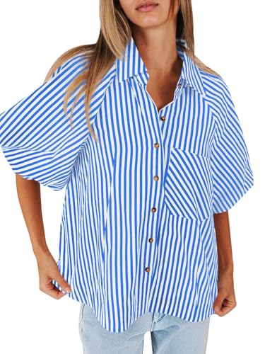 Image of Tankaneo Womens Short Puff Sleeve Button Down Shirts Striped Trendy Casual Loose Fit Blouse V Neck Collared Tops
