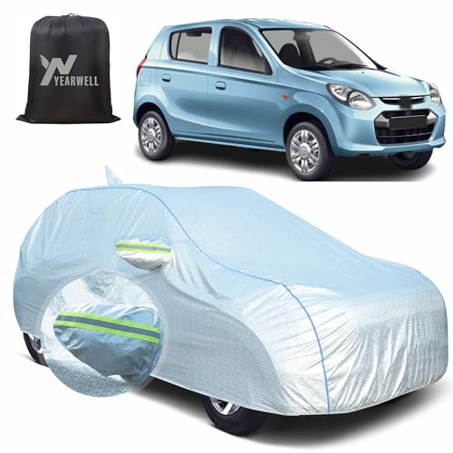 Image of Car Body Cover for Maruti Alto 800, 100% Waterproof, Heat-Resistant with Mirror & Antenna Pockets, Soft Cotton Lining, Triple Stitched, Piping & Reflector (Reflective Silver)