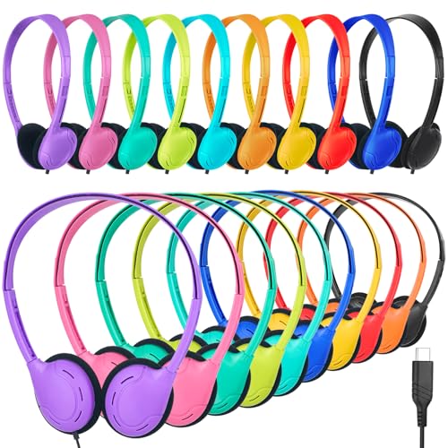 OSSZIT USB C Headphones Bulk 10 Pack for Classroom School Kids,On-Ear Wired Type C Headphones Compatible with Pad Smartphones for Boys Girls Students Travel Mixed Colors
