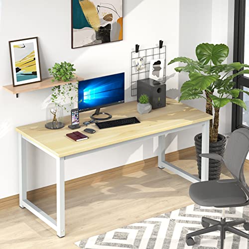NSdirect 63" Computer Desk,Large Home Office Desk Wide Workstation 1 inch Thicker Tabletop for Writing,Games and Home Work PC Desk Modern Finish Wood Board and Sturdy Steel Legs,Oak+White - Thumbnail 2