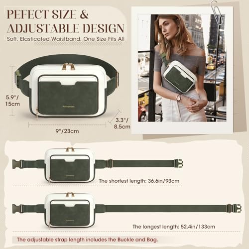 Image of RAINSMORE Fanny Packs for Women, Leather Belt Bag Waterproof Everywhere Crossbody Waist Pack with Adjustable Strap Retro Sling Chest Bag for Work Running Travel Party, Dark Green with White
