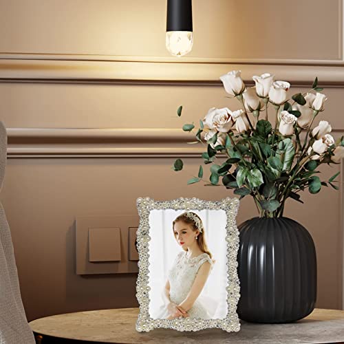 5X7 Pearl Picture Frame With Crystal For Wedding,Silver Plated With High Definition Glass Photo Frames With Rhinestones Horizontal And Vertical Decor Tabletop Display (Real Glass) #TOP7