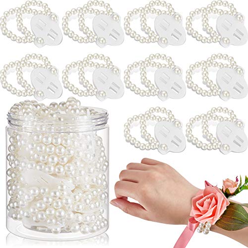 Hicarer 16 Pcs Corsage Wristlet Bracelet Prom Elastic Pearl Bands