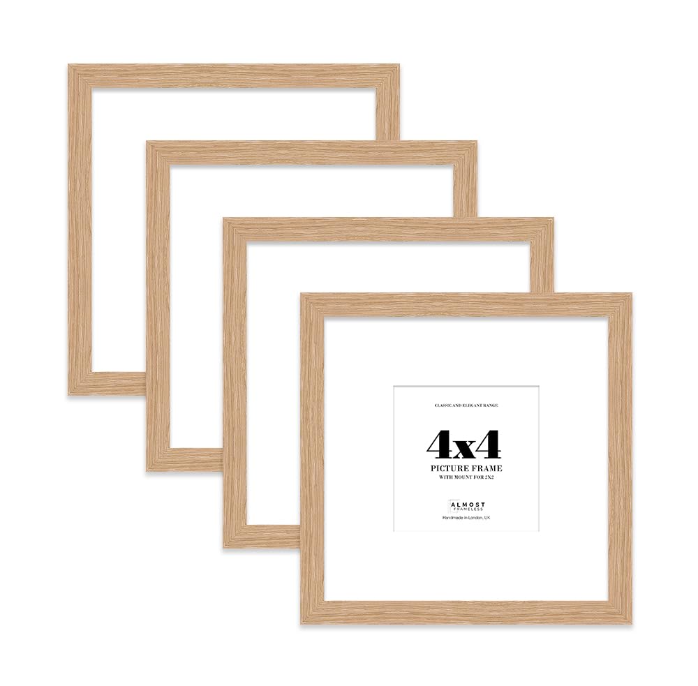 4x4 Oak Picture Frame with Mount for 2x2 Photos, Prints - Modern Square Wall Frame, Set of 4