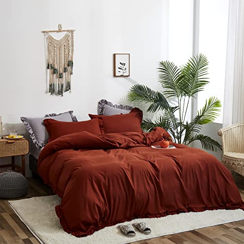 Wellboo Rust Caramel Ruffle Comforter Sets Queen Women Girls Burnt Orange Floral Lace Ruffle Bedding Comforters Cotton Solid Terracotta Vintage Shabby Chic Quilts Sweet Farmhouse Rustic Plain Reddish #TOP2