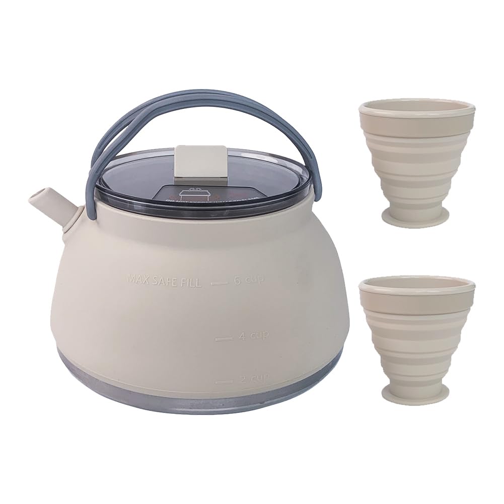 GETBSTOOP 1.5L Portable Camping Kettle Silicone Kettle with Handle Outdoor Collapsible Kettle Stainless Steel Bottom Collapsible Water Boiler for Hiking Backpacking