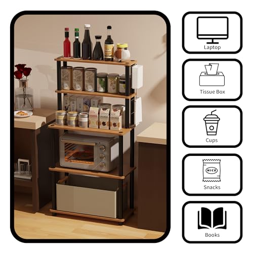 Image of HOME CUBE Engineered Wood,Plastic 5 Layer Kitchen Microwave Stand,Microwave Oven Rack,Baker's Rack,OTG Stand,Kitchen Storage Rack with Shelves,Spice,Space Saving Storage Organizer(60.5x40x118cm)