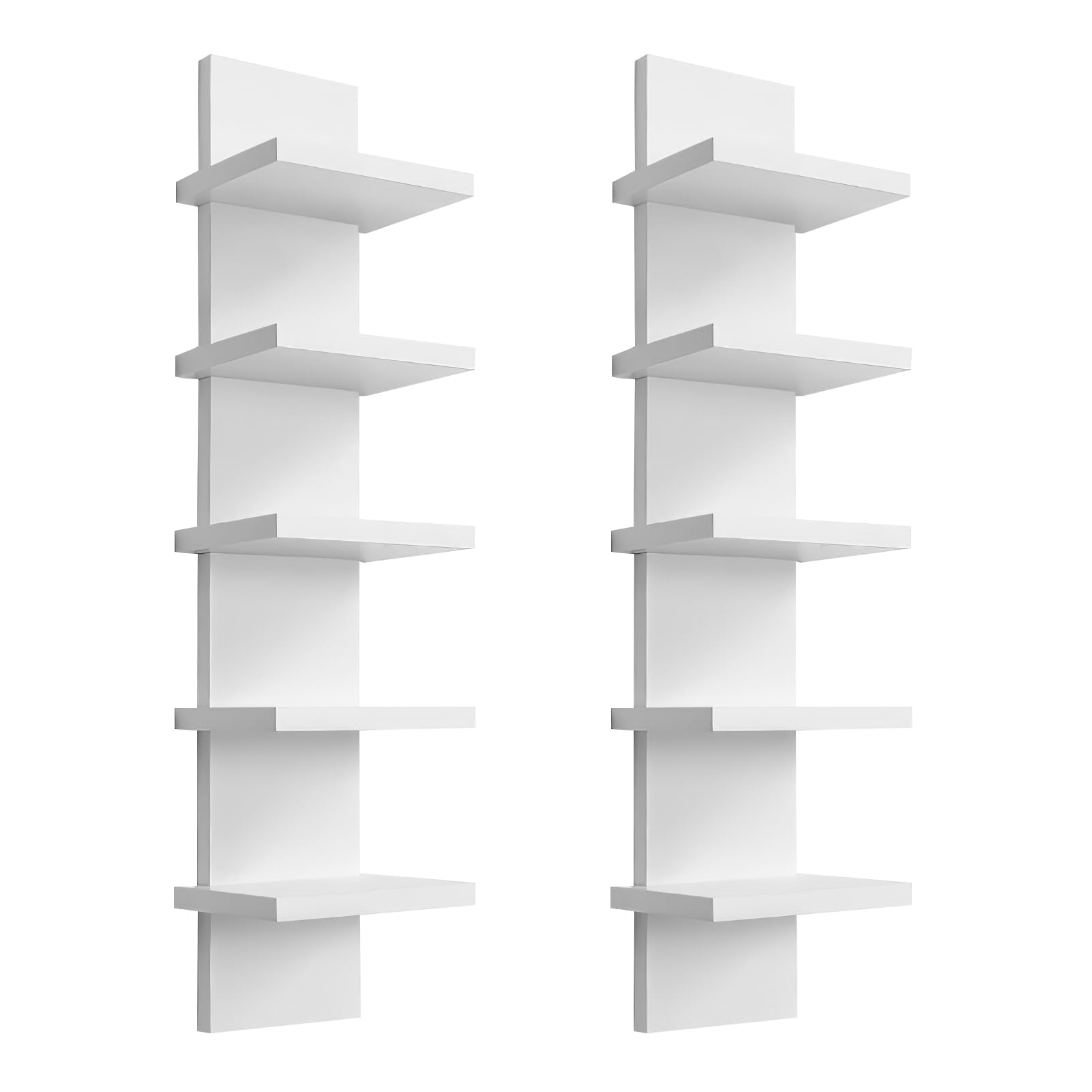 2 Pack 5 Tier Wall Shelf Unit - Narrow Smooth Laminate Finish - Vertical Column Wall Decor Mount Floating Storage Home Decor Organizer Tall Tower