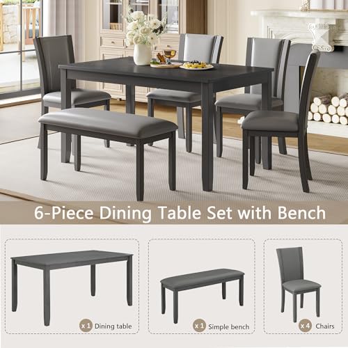 Image of KEIKI 6-Piece Standard Height Dining Table Set with Rectangular Table, 4 Upholstered Chair, Bench, for 6 Person, Farmhouse Rustic Style Table Set, Easy Assembly, for Kitchen, Dining Room, Gray