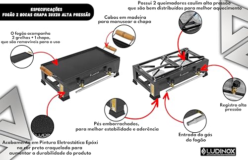Fogão Industrial 2 Bocas Jr Alta Pressão com chapa C/Mangueira