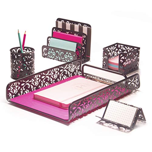 Hudstill Black Cute Desk Organizer Set for Women and Girls in Damask Design with 5 Office Supplies Accessories : File Tray, Mail Sorter, Pen Cup, Sticky Notes Holder and Business Card Holder