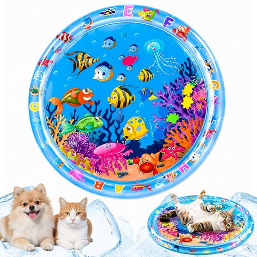 Wasserspielmatte Katze Kühlmatte Katzen Hund Wassermatte Baby Spielmatte Sensorik Spielzeug Wasser Interaktives Katzenspielzeug Wassermatte für Haustier Innen Außenbereich 95x95CM