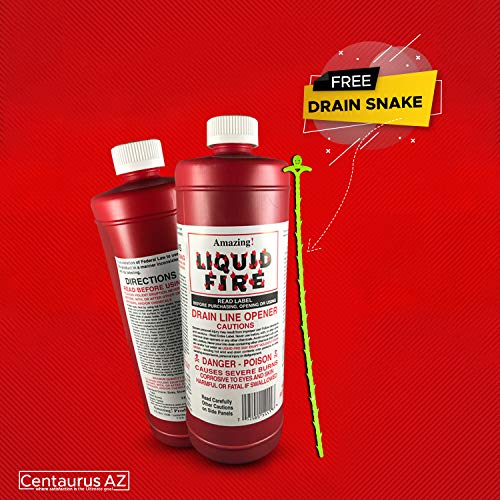 Liquid Fire Drain Opener, Cleans Drain Pipes in Sinks, Tubs, Shower Stalls, Septic Tanks and Laterals- Clog Remover, Drain Cleaner, Toilet Clog Remover- 32 Oz with Centaurus AZ Drain Snake