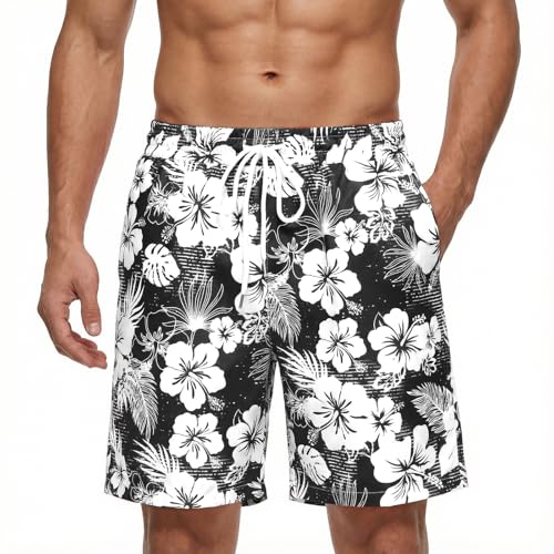 Fastkoala Hommes Hawaïen Shorts Tropique Plage Pantalons Floral Casual été Vacances Coton Cordon à Tirage Poche Noir XXL