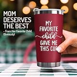 Mothers Day Gifts for Mom from Daughter, Son, Kids, Husband - Funny Mom Gift - Mama Coffee Cup My Favorite Child Gave Me This Cup - Valentine, Birthday Gift Idea - 20oz Stainless Steel Red Tumbler