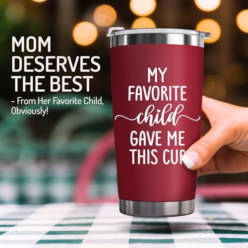 Mothers Day Gifts for Mom from Daughter, Son, Kids, Husband - Funny Mom Gift - Mama Coffee Cup My Favorite Child Gave Me This Cup - Valentine, Birthday Gift Idea - 20oz Stainless Steel Red Tumbler