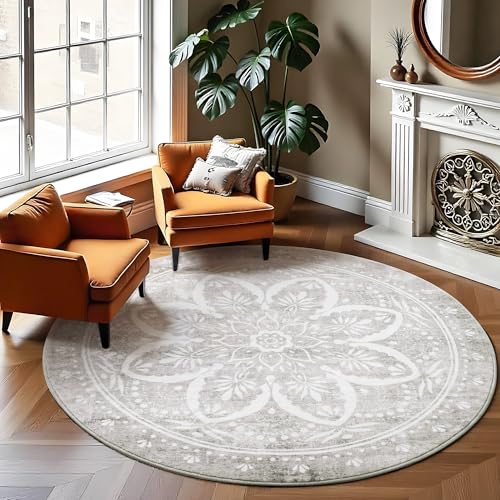 Image of Carvapet Round Rugs Circle Rug - Vintage 60 inch Washable Non Slip Rubber Backing Foldable Low Pile for Living Room Bedroom, 5ft Grey Rug
